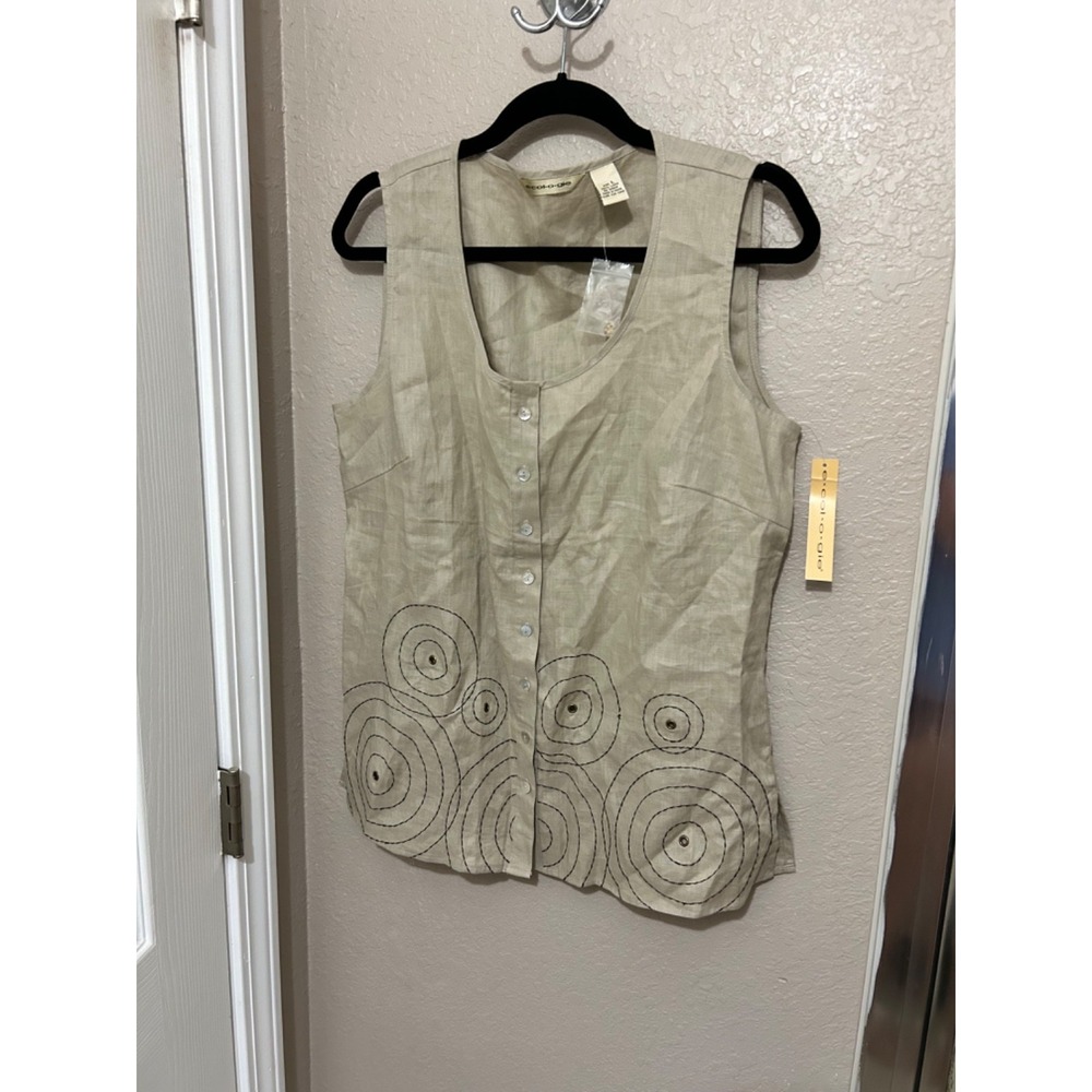 e-col-o-gie womens size Large 100% Linen Button Beige Vest Sleeveless top blouse